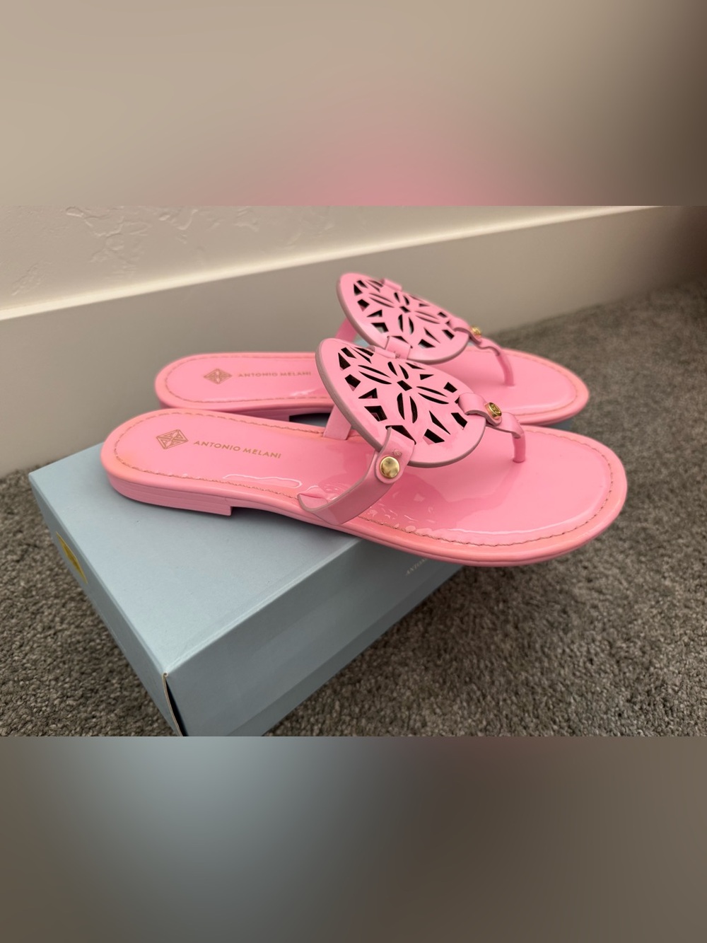 ANTONIO MELANI Pink Laser-Cut Leather Thong Sandals with Gold Accents - Picture 3 of 8